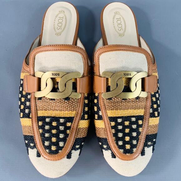 TOD'S Size 11 Tan Multi Color Canvas Abstract Chain Buckle Slip On Flats - Picture 4 of 8